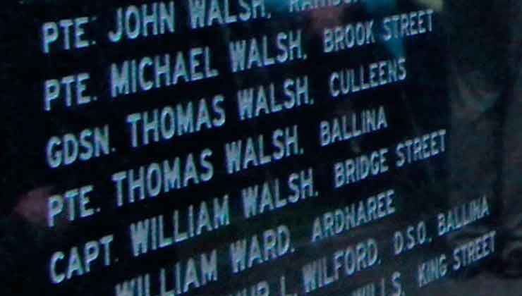 Pte. Thomas Walsh remembered on the Great War Remembrance Monument at Green Park in Ballina. Photo: Anthony Hickey